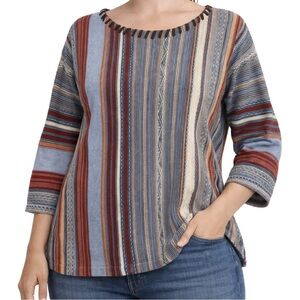 Chaps Denim Striped Southwestern Knit Boxy Round Neck Top Aztec size XL